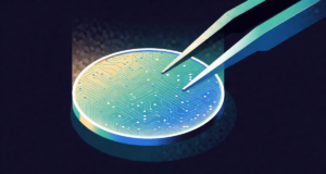 Editorial illustration: a glowing silicon wafer with intricate circuit patterns held by precision tweezers, clean-room blue and teal light