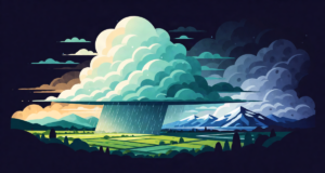 Editorial illustration: towering monsoon clouds releasing rain over green farmland while a cold snow front drifts from distant mountains, dramatic split sky