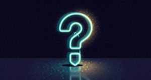 Editorial illustration: a large abstract neon question-mark sculpture glowing teal in a dark gallery space, soft floor reflection