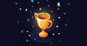 Editorial illustration: a golden trophy surrounded by drifting confetti particles frozen mid-air, dark navy background, celebratory glow