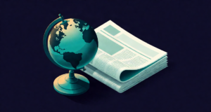 Editorial illustration: a small antique globe next to a stack of folded newspapers, teal ocean tones and warm lamplight, explorer study desk