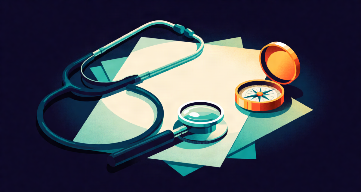 Editorial illustration: a stethoscope draped beside a magnifying glass and a small brass compass over a blank sheet, clinical study desk with warm light