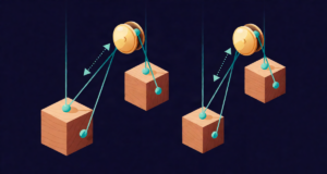 Editorial illustration: wooden blocks connected by ropes over brass pulleys floating in an elegant physics arrangement with dotted force arrows, deep navy lab