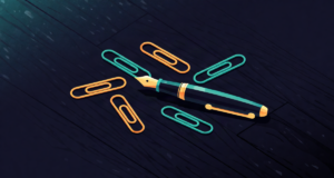 Editorial illustration: gold and teal paper clips scattered around a classic fountain pen on a dark wooden desk, minimalist composition, soft glow