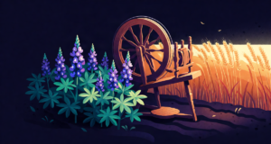 Editorial illustration: a wooden spinning wheel beside blooming indigo plants and a wheat field at golden hour, peaceful resistance symbols
