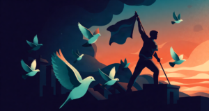 Editorial illustration: a young revolutionary silhouette raising a flowing flag on a rooftop at dusk, pigeons in flight, dramatic orange and navy sky, no faces