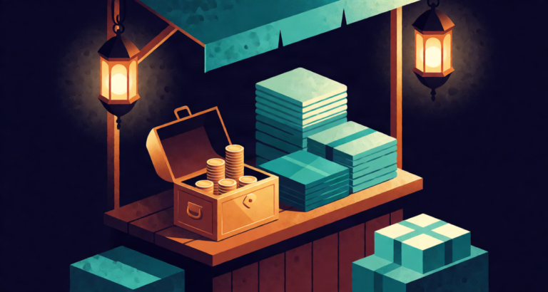 Editorial illustration: a shopkeeper's wooden stall with neatly stacked goods, an open brass cash box and a rising stack of coins, warm bazaar lantern light