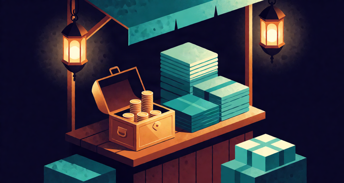 Editorial illustration: a shopkeeper's wooden stall with neatly stacked goods, an open brass cash box and a rising stack of coins, warm bazaar lantern light