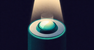 Editorial illustration: a glowing game-show buzzer button under a dramatic spotlight on a dark stage, teal rim lighting, anticipation
