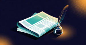 Editorial illustration: folded newspapers beside a glass inkwell with a vintage quill pen, deep navy background with warm amber accents, scholarly atmosphere