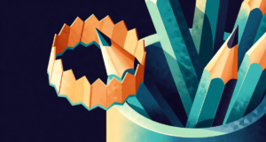 Editorial illustration: a pencil cup with freshly sharpened pencils and an elegant curl of wood shaving, macro detail, warm lamp glow