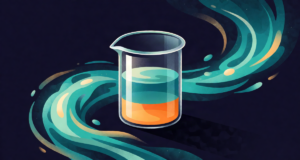 Editorial illustration: a plain glass beaker with calm two-tone liquid layers standing steady while swirling teal and orange energy storms rage around it