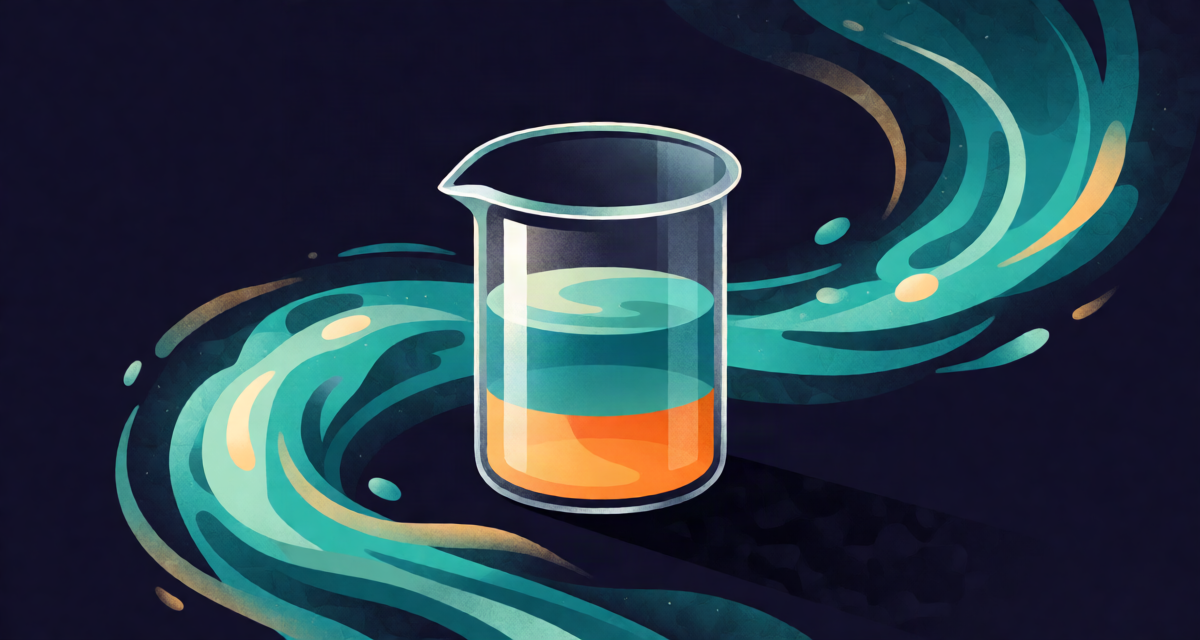 Editorial illustration: a plain glass beaker with calm two-tone liquid layers standing steady while swirling teal and orange energy storms rage around it