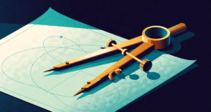 Editorial illustration: a pair of elegant brass geometry compass and divider instruments resting on drafting paper with soft dotted arcs, blueprint mood