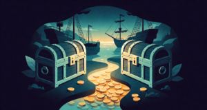 Editorial illustration: two antique treasure chests facing each other across a glowing stream of gold coins, old harbour at dusk with ship masts