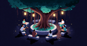 Editorial illustration: a grand banyan tree with hanging lanterns over a circle of stone seats, village council gathering at dusk, warm fireflies