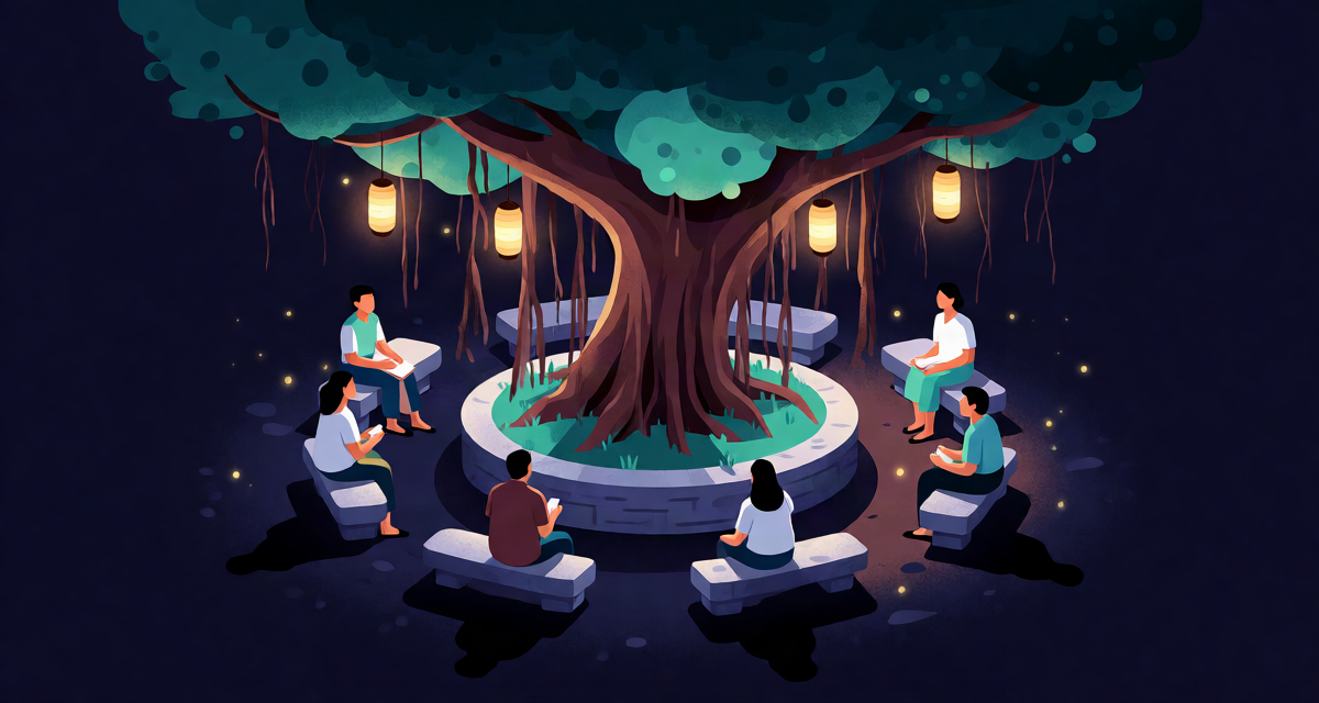 Editorial illustration: a grand banyan tree with hanging lanterns over a circle of stone seats, village council gathering at dusk, warm fireflies