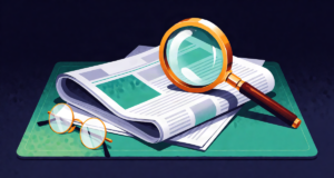 Editorial illustration: folded newspapers under a large brass magnifying glass and a pair of round spectacles resting on a green desk pad, classic study mood