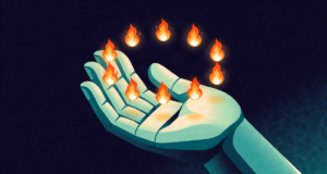 Editorial illustration: eleven small glowing flames arranged in a perfect circle above an open stone palm, civic monument at dusk