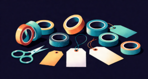 Editorial illustration: rolls of colorful washi tape, small scissors and blank gift tags arranged neatly on a craft-study desk, soft top light