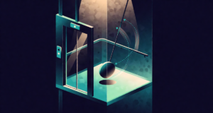Editorial illustration: a pendulum swinging inside an ascending glass elevator cabin, motion trails and force arrows, dramatic physics scene