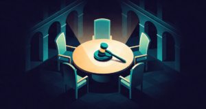 Editorial illustration: a round table with six empty high-backed chairs around a single glowing gavel, grand central bank hall with arches