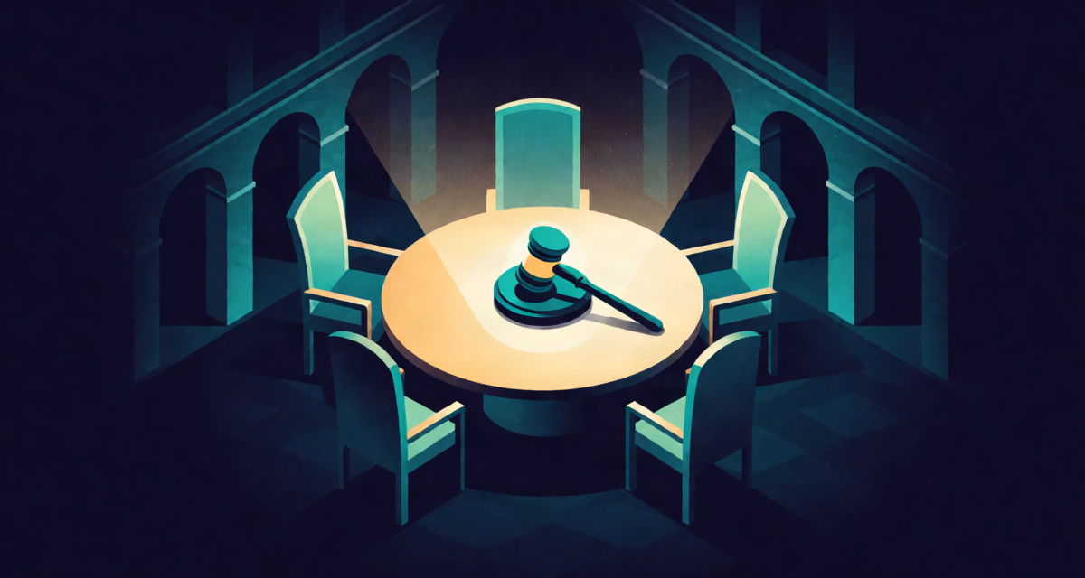 Editorial illustration: a round table with six empty high-backed chairs around a single glowing gavel, grand central bank hall with arches