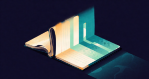 Editorial illustration: a row of five vintage ledgers transforming into a rising abstract glowing panel of bars, evolution of planning, dramatic navy scene