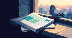 Editorial illustration: folded newspapers on a stone windowsill with a plump pigeon perched nearby, soft golden dawn light, distant city bokeh