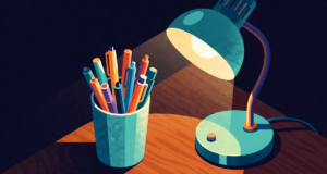 Editorial illustration: a cup full of colorful pens and markers beside a warm glowing desk lamp on dark wood, teal and amber palette, tidy study mood