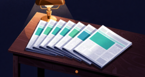Editorial illustration: seven days of folded newspapers arranged in a fan spread under a warm brass lamp, weekly roundup mood, dark wood desk