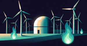Editorial illustration: a field of wind turbines behind a sleek small modular reactor dome, teal hydrogen flames flickering in the foreground, clean energy vista