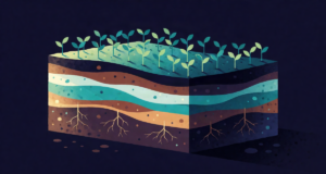Editorial illustration: a layered cross-section of earth revealing distinct colored soil horizons with green crop sprouts on the surface and roots reaching down