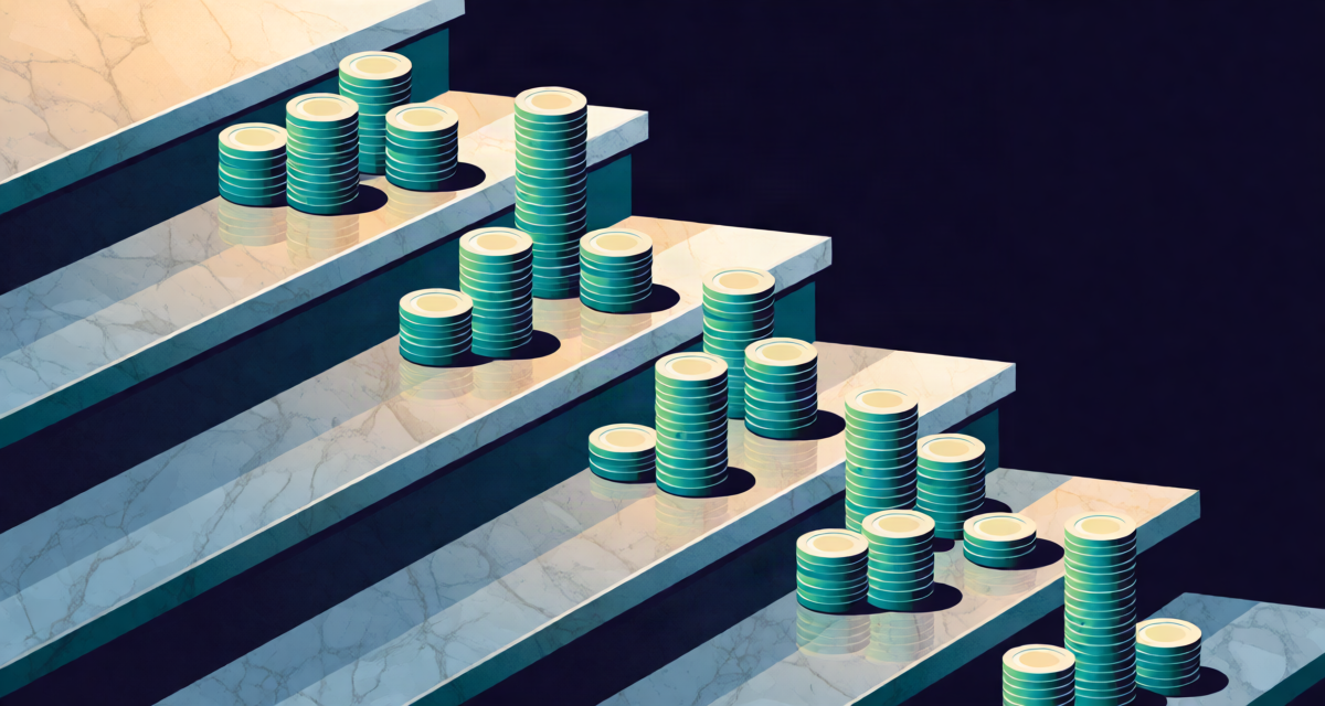 Editorial illustration: a cascade of coins multiplying down polished marble steps, each step sprouting new smaller coin stacks, warm vault glow