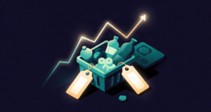 Editorial illustration: a rising and falling luminous graph line hovering over a miniature market basket of goods with blank glowing tags, economic pulse