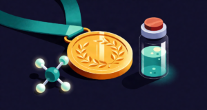 Editorial illustration: a gold medal with a laurel wreath resting on velvet beside a glowing molecule model and a sealed glass vial, award ceremony mood