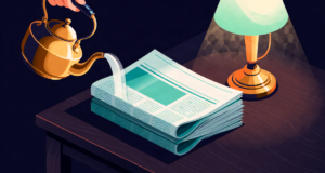 Editorial illustration: a brass teapot pouring steam beside a neat stack of folded newspapers with no visible headlines, warm morning lamp glow on dark wood