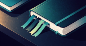 Editorial illustration: a closed hardcover notebook with rich fabric bookmark ribbons in three colors fanned out, moody dark desk, soft highlight