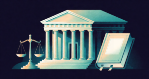Editorial illustration: a majestic courthouse facade with tall pillars, brass scales of justice and a thick bound book with a blank embossed cover, dawn light