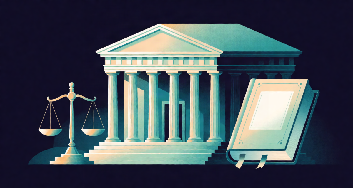 Editorial illustration: a majestic courthouse facade with tall pillars, brass scales of justice and a thick bound book with a blank embossed cover, dawn light