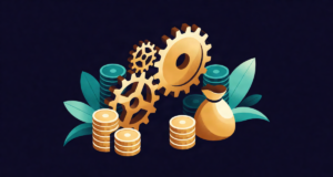 Editorial illustration: interlocking brass gears of different sizes meshing with stacks of coins and a small commodity sack, warm mechanical glow