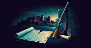 Editorial illustration of an Indian fort at dusk with a torn map and drifting embers