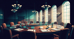 Editorial illustration of a 1930s round-table conference hall with documents and empty chairs