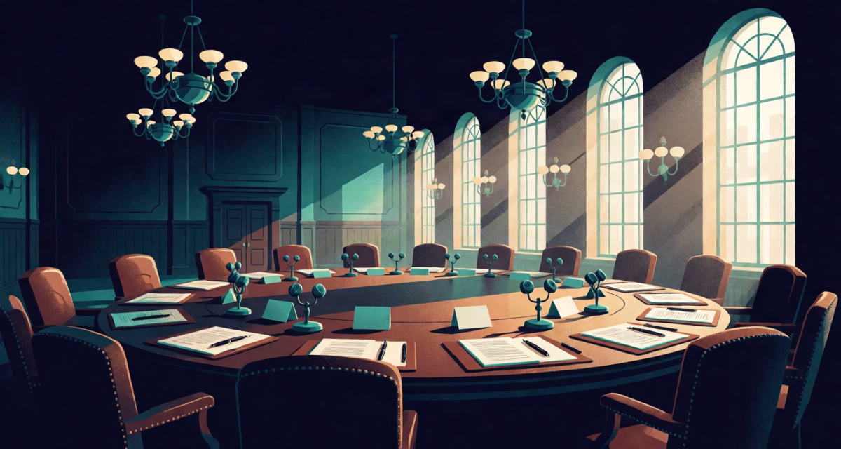 Editorial illustration of a 1930s round-table conference hall with documents and empty chairs