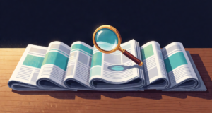 Editorial illustration of seven newspapers in a row with a brass magnifying glass