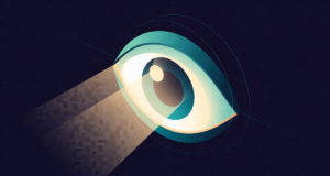 Editorial illustration of light rays focusing through a stylised human eye diagram