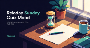 Editorial illustration of a pencil, glowing hourglass and coffee mug on a quiz desk