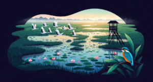 Editorial illustration of cranes flying over an Indian wetland at golden dawn