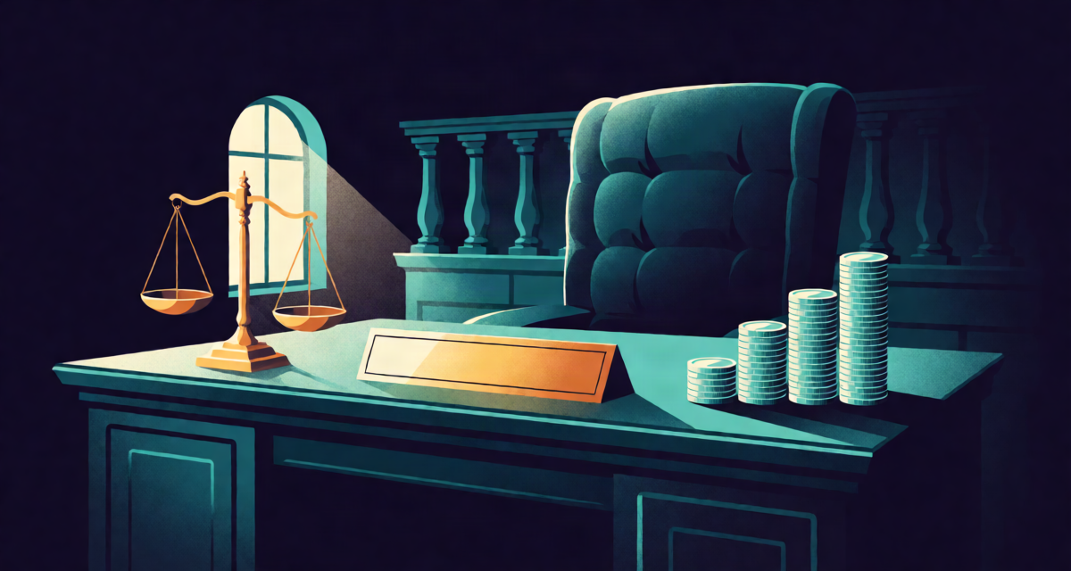 Editorial illustration: a grand executive desk with a blank brass nameplate, balancing scales and a rising stack of coins, central bank office with arched window light