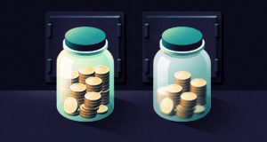 Editorial illustration: two glowing glass jars of coins side by side, one full and bright, the other visibly shrinking with a soft melting effect, inflation concept against a dark bank vault backdrop